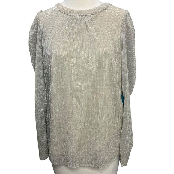 CeCe Top Womens M Tan Metallic Puff Sleeve Cutout Shimmery Dressy Blouse Evening - Picture 1 of 15